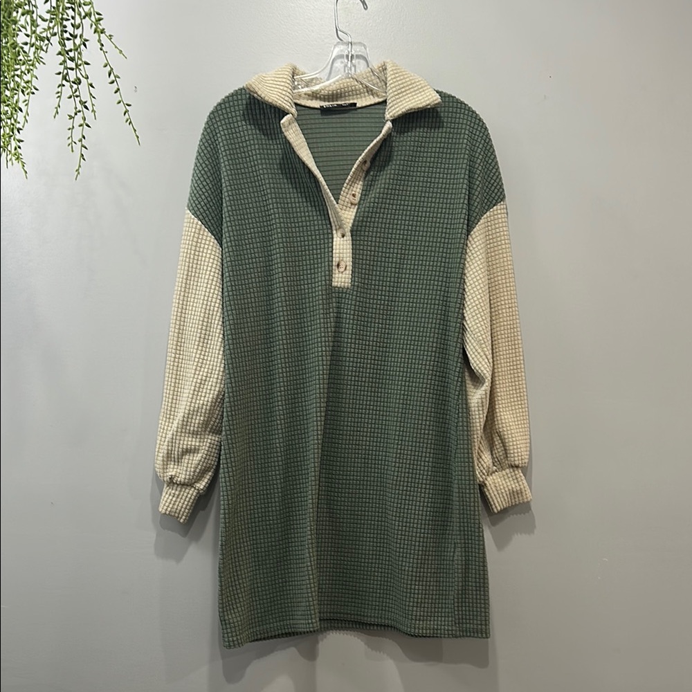 Green and Cream Long Sleeve Polo Shirt